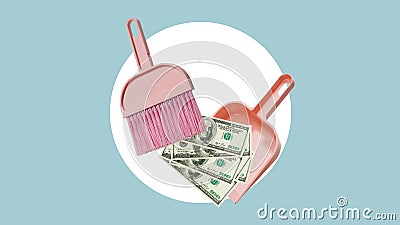 Cash sweep. Sweeps money in the shovel. Collage with shovel, broom and dollars Stock Photo