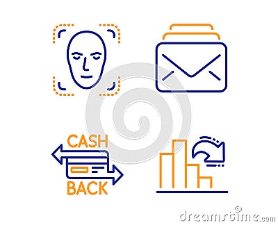 Cashback card, Face detection and Mail icons set. Decreasing graph sign. Vector Vector Illustration