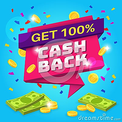 Cashback concept. Money refund label, retail guarantee offers. Online return money from purchases finance savings reward Vector Illustration