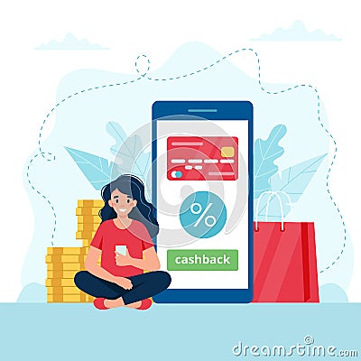 Cashback concept - woman with smartphone, smartphone with credit card on it. Vector illustration in flat style Vector Illustration