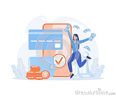 Cashback, financial savings, Characters paying online and receiving bonus money or reward back on credit card. Vector Illustration