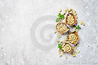 Cashew nut on a stone background. Roasted nuts. Assortment of nuts. Stock Photo
