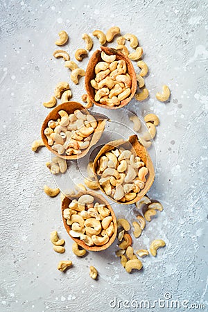 Cashew nut on a stone background. Roasted nuts. Assortment of nuts. Stock Photo