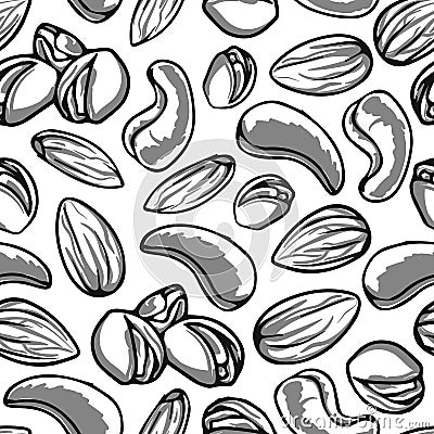 Cashew nuts, almond and pistachios seamless pattern. Vector Illustration