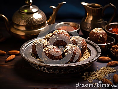 Cashew Sweet Balls, Traditional Moroccan Almond Dessert, Arabian Date Ball Stock Photo