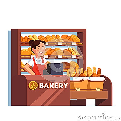 Cashier at bread bakery store at checkout counter Vector Illustration