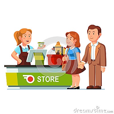 Cashier at checkout counter and serving customers Vector Illustration