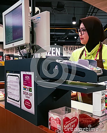 Cashier counter in Aeon Maxvalue at Evo Mall in Bandar Baru Bangi. Editorial Stock Photo