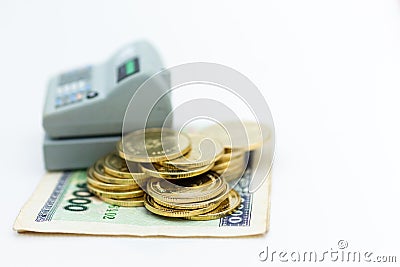 Cashier machine with coins around it. Image use for shopping, business concept Stock Photo