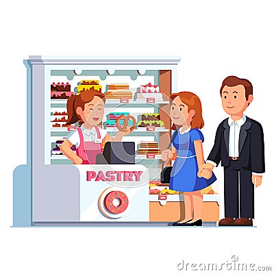 Cashier at pastry checkout serving customers Vector Illustration