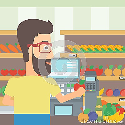 Cashier at supermarket checkout. Vector Illustration