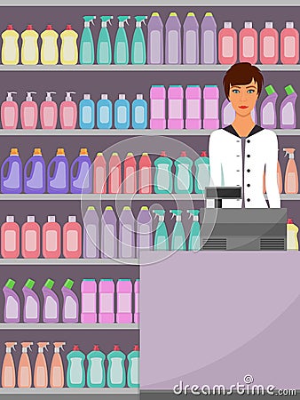 The cashier at the supermarket, shop assistant, cash register, shelves with household chemicals in shop. Vector illustration, flat Cartoon Illustration