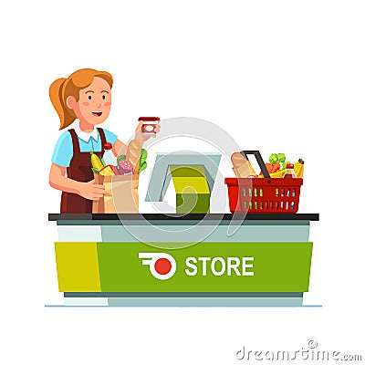 Cashier working at grocery store checkout counter Vector Illustration