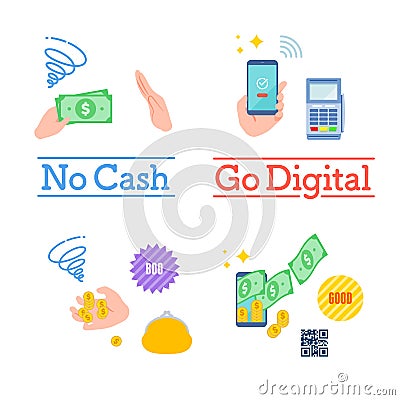 Cashless flat_no cash go digital Vector Illustration