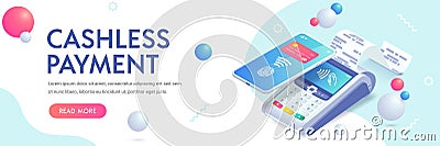 Cashless payment via smartphone isometric abstract banner concept. 3d payment machine, mobile phone with credit card, fingerprint Vector Illustration