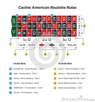 Casino american roulette rules. Infographics of playing and payout of game Vector Illustration