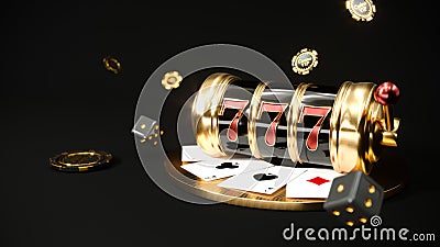 Casino background. Slot machine with roulette wheel. Falling poker chips. Online casino concept. 3d rendering Stock Photo