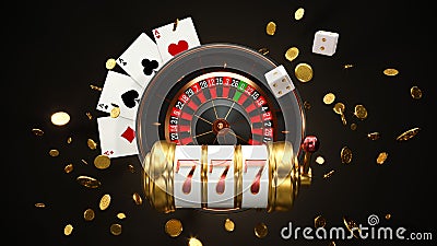 Casino background. Slot machine with roulette wheel. Online casino concept. Falling poker chips. 3d rendering Stock Photo