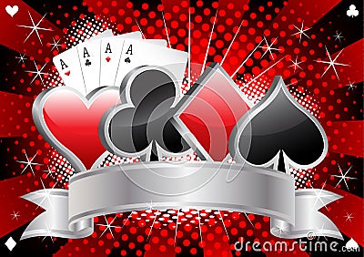 Casino banner with card suits, four aces and silver ribbon on red and black halftone background vector Vector Illustration