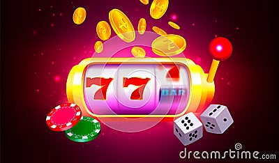 Casino banner vector illustration. Slot machine, dice, coins, chips on dark red and purple background Vector Illustration