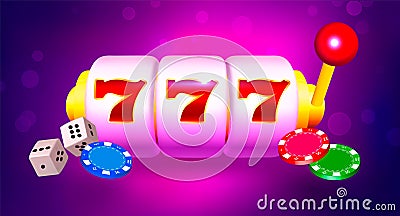 Casino banner vector illustration. Slot machine, dice, coins, chips on dark red and purple background Vector Illustration