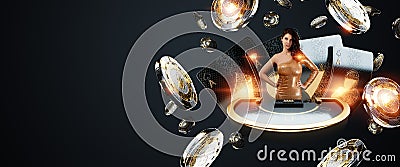 Casino, A beautiful young girl in a golden dress stands at the blackjack game table. black and gold design, Gambling, luxury style Stock Photo