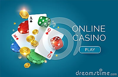 Casino on a blue background. Dice gold coins cards and chips. Vector horizontal illustration Vector Illustration