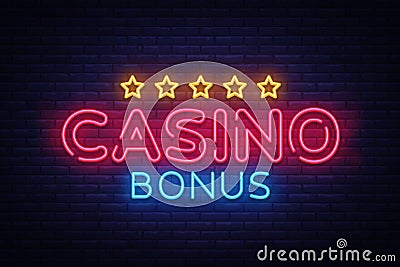 Casino Bonus Neon Text Vector. Bonus neon sign, design template, modern trend design, casino neon signboard, night Vector Illustration