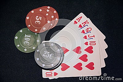 Casino cards and chips. Card deck and poker chips. Stock Photo