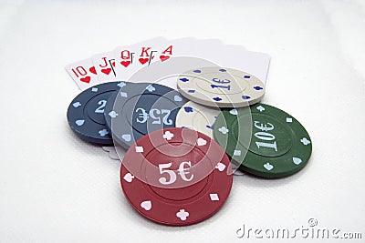 Casino cards and chips. Casino game. Card deck and poker chips. Stock Photo