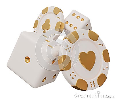 casino chip dice gold 3d. isolated minimal 3d render illustration in cartoon trendy style Cartoon Illustration