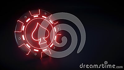 Casino Chip with glowing neon red lights and spades symbol isolated on the black background - 3D Illustration Stock Photo