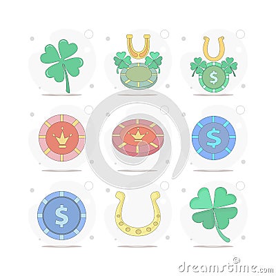 Casino chip vector flat illustration, lucky casino chip with clover leaf, and horse shoe Vector Illustration