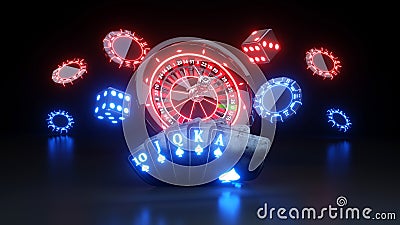 Casino Chips and Poker Cards Royal Flush In Spades Online Gambling Concept - 3D Illustration Stock Photo