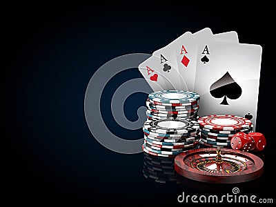 Casino chips stacks with roulette, play cards and dice. 3d Illustration on black and blue background Stock Photo