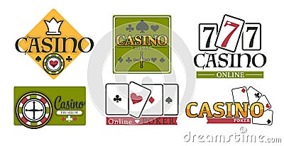 Casino club gambling games isolated icons poker chips and play cards Vector Illustration