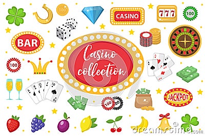 Casino Collection. Gambling set isolated on a white background. Poker, card games, one-armed bandit, roulette kit Vector Illustration