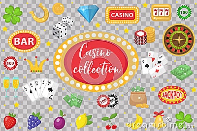 Casino Collection. Gambling set on a white background. Poker, card games, one-armed bandit, roulette kit of Vector Illustration