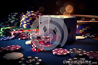 Casino concept with abstract gambling objects. Dark casino room with roulette, cards and dices. Generative AI. Stock Photo