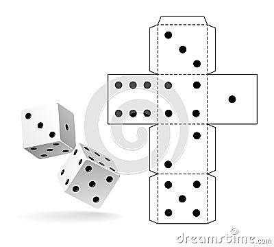 Casino dice. Paper cut out cube geometry, layout white dice model with black points marks, handcraft gambling 3d cubes Vector Illustration