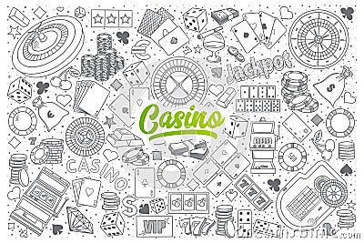 Casino doodle set with green lettering Vector Illustration