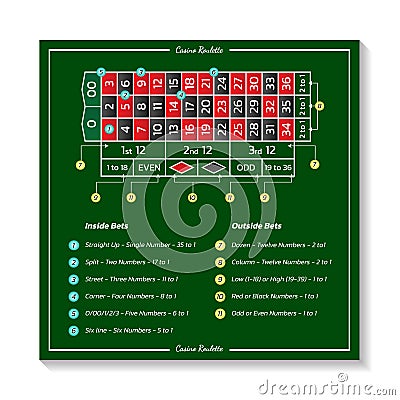 Casino european roulette rules with table and bets. Infographics of playing and payout of game. Vector illustration Vector Illustration