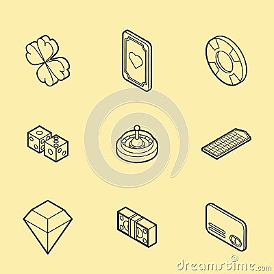 Casino flat outline isometric set Vector Illustration