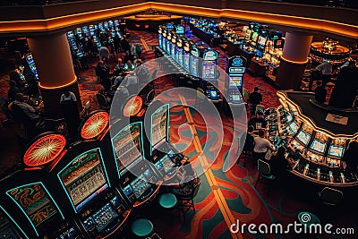 a casino floor with a colorful and busy atmosphere, slot machines and people gambling Stock Photo