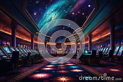 casino floor, with a view of the night sky and stars, and lively gaming action Stock Photo