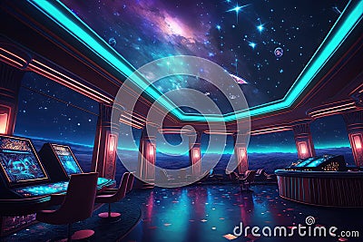 casino floor, with a view of the night sky and stars, and lively gaming action Stock Photo