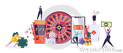 Casino and Gambling Concept. People Characters Playing in Games of Fortune. Man and Woman Play Poker, Roulette, Slot Vector Illustration