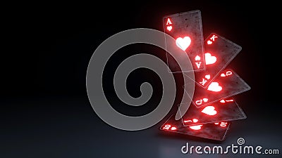 Casino Gambling Concept Royal Flush in Hearts Poker Cards On The Black Background - 3D Illustration Stock Photo