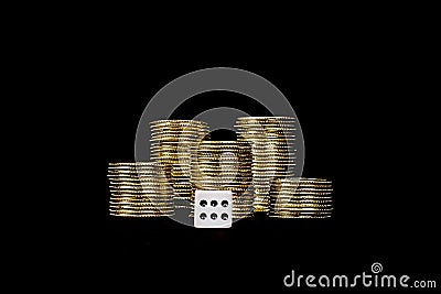 Casino Gambling, Dice With Gold Chips Stock Photo