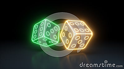 Casino Dices With Glowing Neon Lights Isolated On The Black Background - 3D Illustration Stock Photo